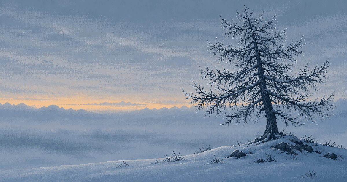 Pixel art of a lone bare larch on a snowy knoll, its branches spreading in a clear orderly pattern, blue hour just before dawn