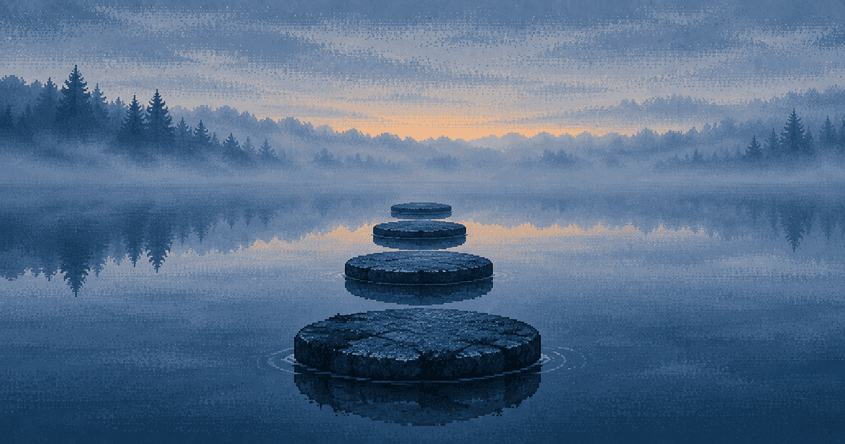 Pixel art of four flat round stepping stones leading in a line across a still, misty lake at blue hour, each stone mirrored in the water