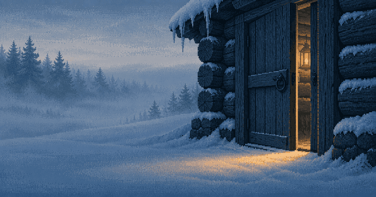 Pixel art of a snow-covered log cabin door standing ajar at blue hour, warm lamplight spilling out onto fresh snow