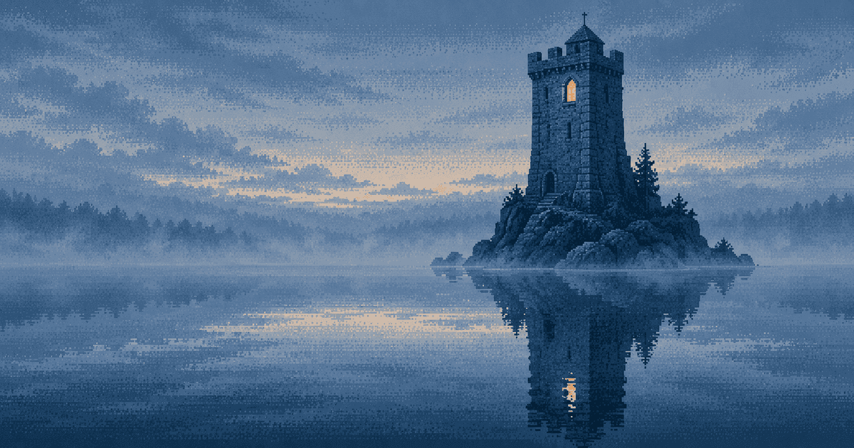 Pixel art of a single tall stone watchtower on a small rock island in a still lake at blue hour, one high window lit and mirrored in the water