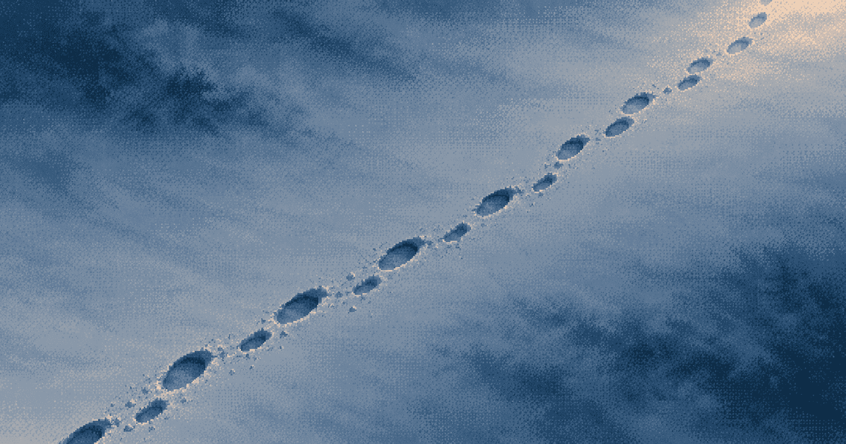 Pixel art seen from above of a single line of footprints crossing an untouched snowfield at blue hour