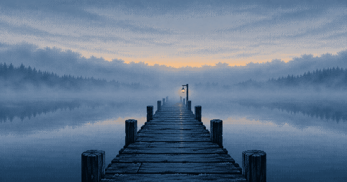 Pixel art of a long narrow wooden jetty running out over a still lake into fog at blue hour, a small lantern on its last post