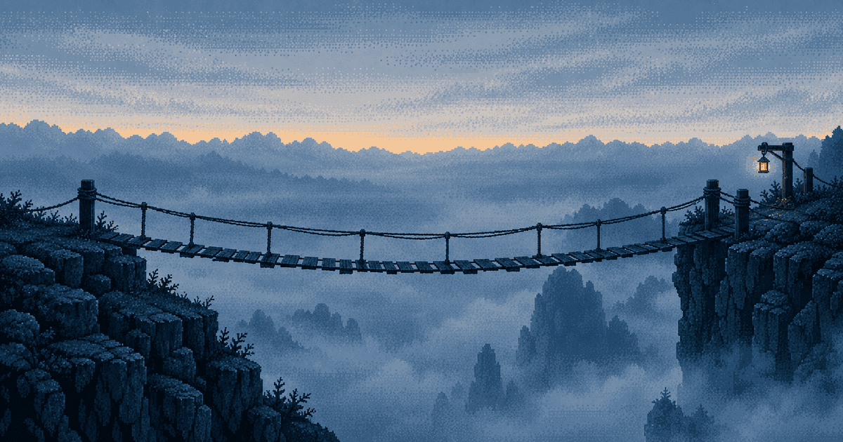 Pixel art of a narrow rope and plank footbridge spanning a misty gorge at blue hour, a lantern glowing on the far post