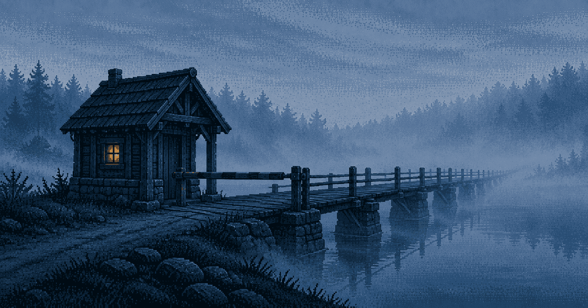 Pixel art of a small wooden toll hut with one warmly lit window at the start of a narrow plank bridge, a wooden bar across the entrance, the bridge leading over a misty river into fog, blue hour just before dawn