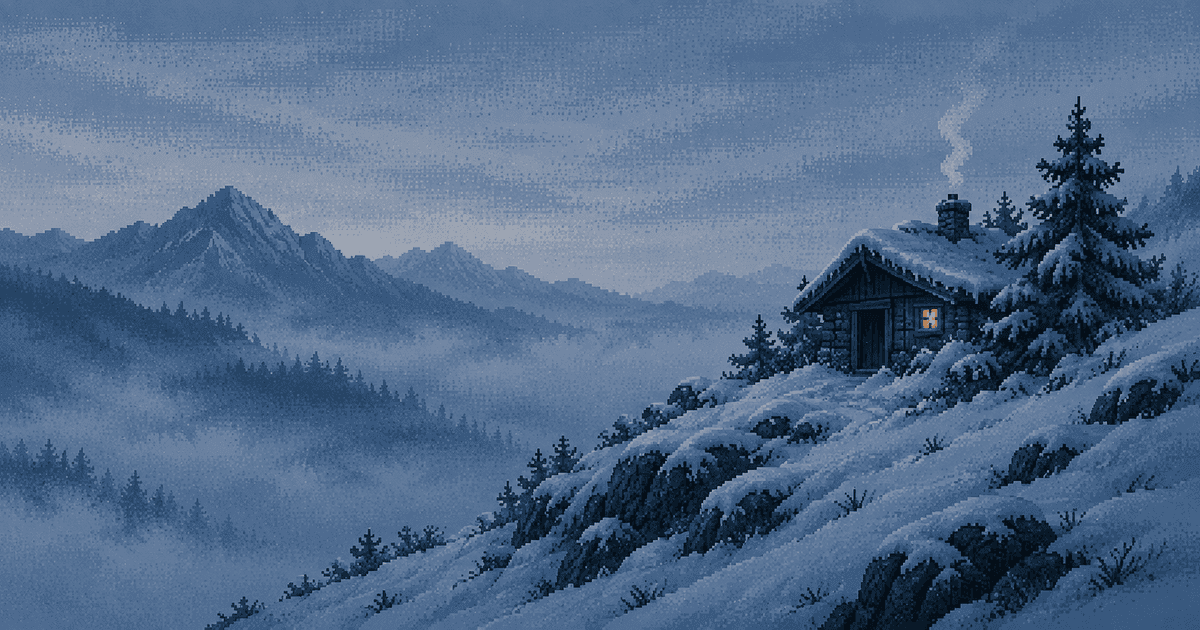 Pixel art of a small wooden hut half hidden under snow and pine branches on a mountain slope at blue hour, one window lit and chimney smoke rising