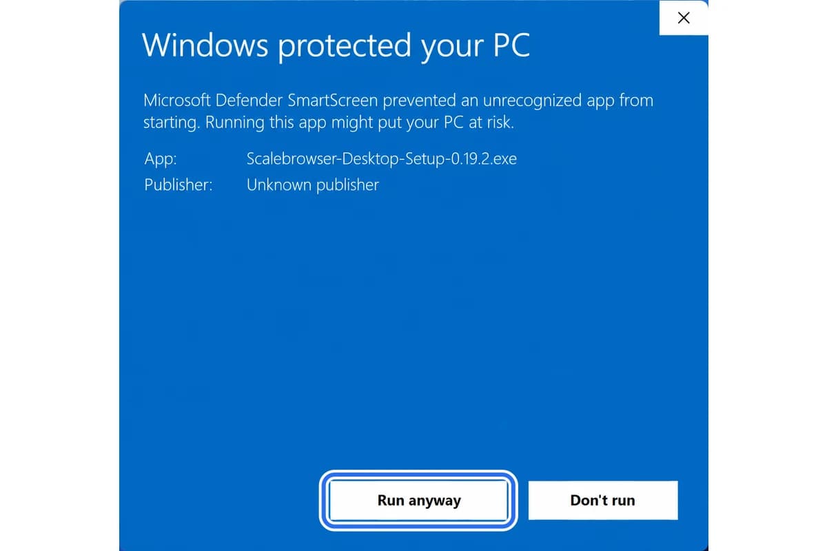 The Windows SmartScreen dialog, with the Run anyway button marked