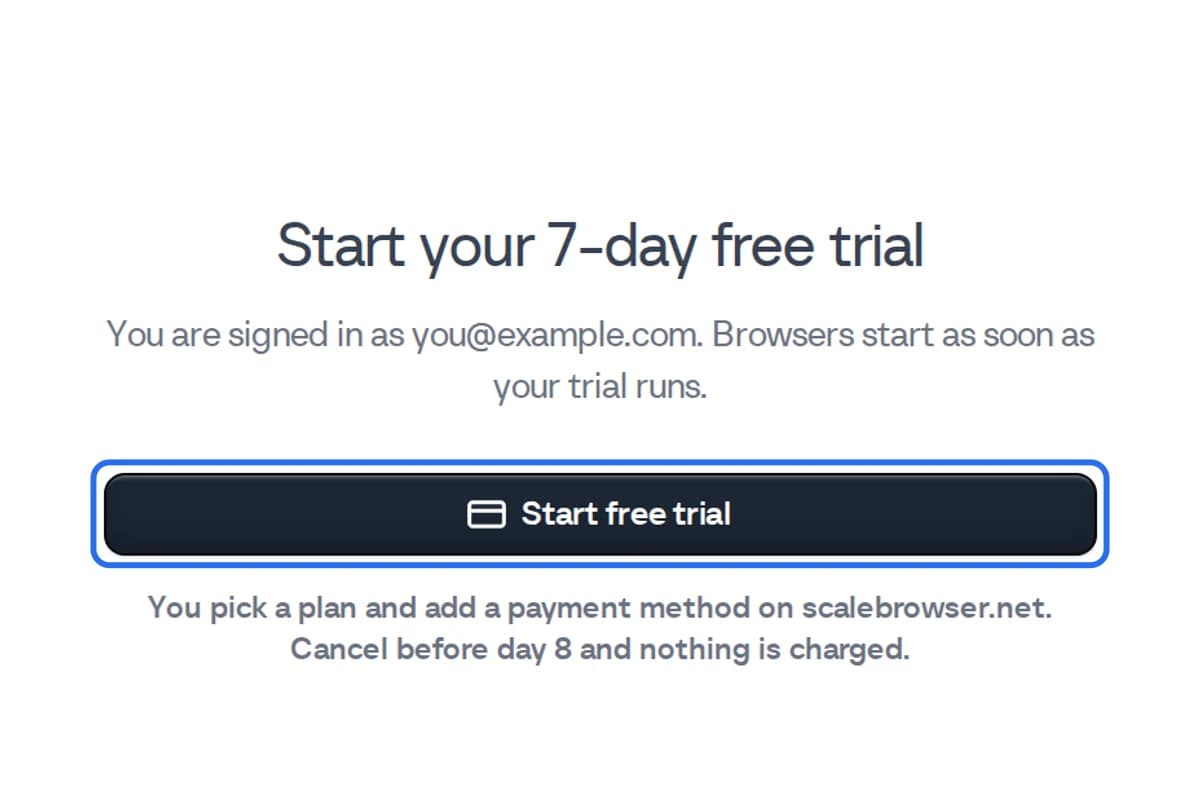 The Scalebrowser app offering a 7-day free trial, with the Start free trial button marked