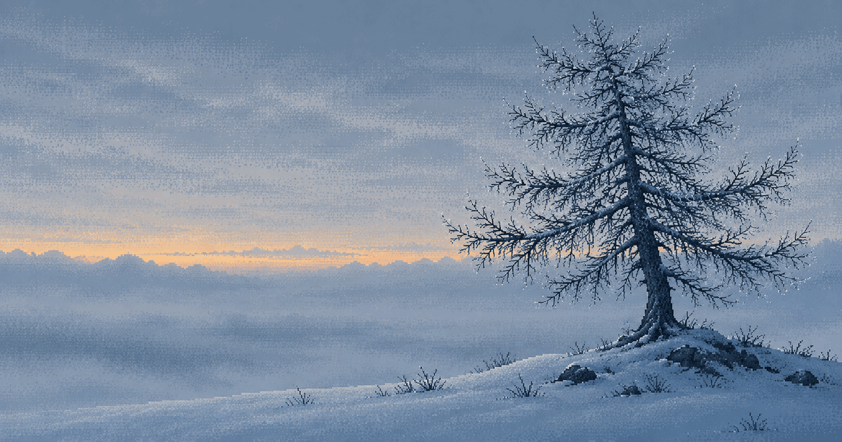 Pixel art of a lone bare larch on a snowy knoll, its branches spreading in a clear orderly pattern, blue hour just before dawn