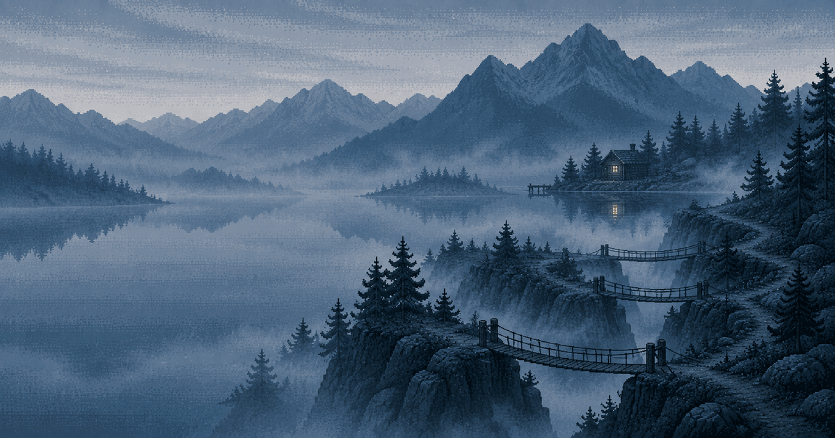 Pixel art of a misty gorge at blue hour, a trail crossing several narrow rope bridges toward a lakeside cabin with one lit window reflected in the water