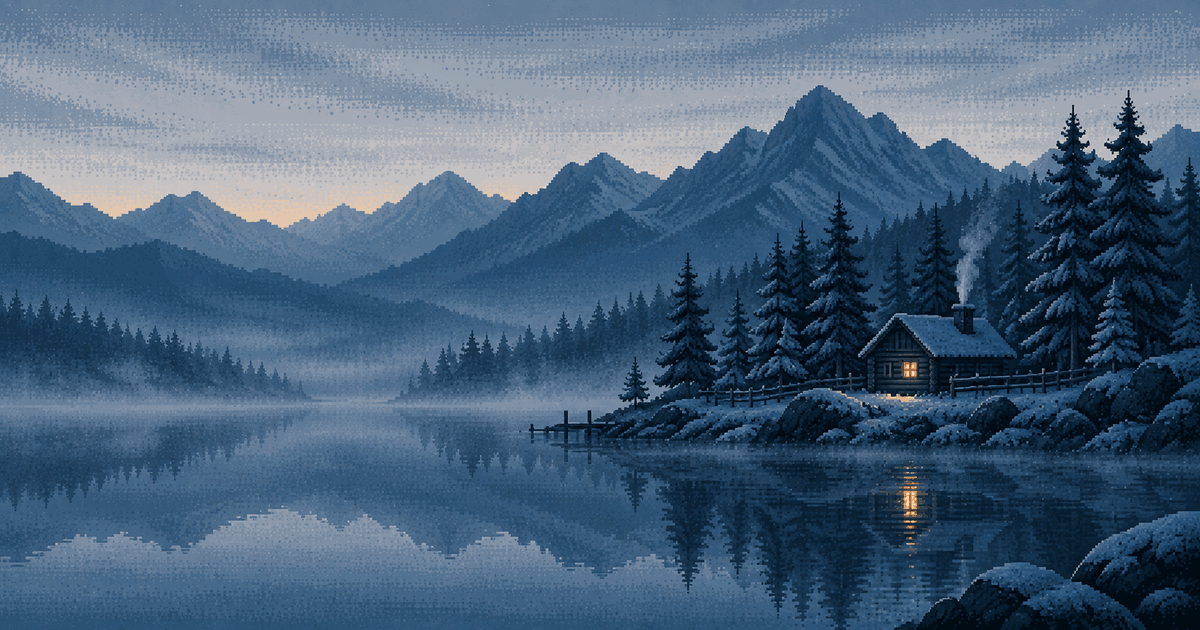 Pixel art of a log cabin among snowy pines on a lake shore at blue hour, one lit window mirrored in the still water