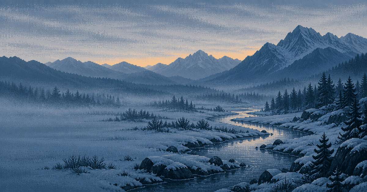 Pixel art of a mountain stream meandering in irregular curves through a snowy valley floor at blue hour
