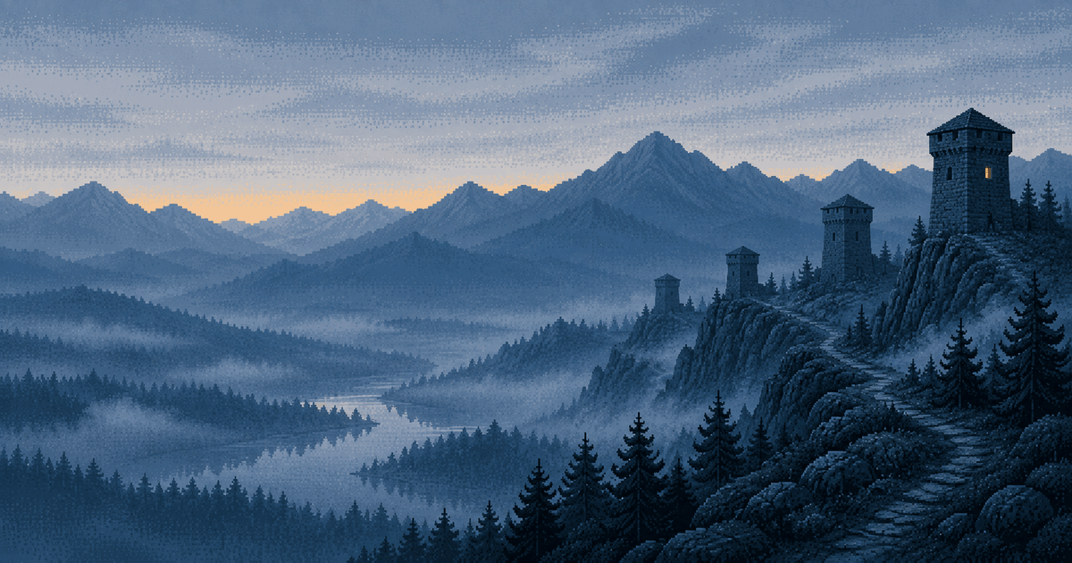 Pixel art of four dark stone watchtowers along a mountain ridge above a trail at blue hour, one tower with a single lit window