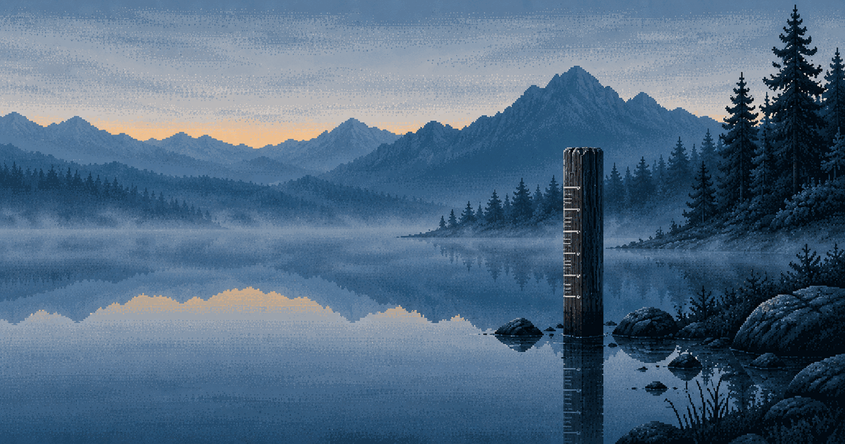 Pixel art of a tall wooden water level gauge standing in a still mountain lake near the shore at blue hour