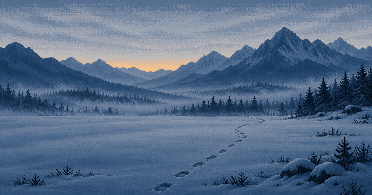 Pixel art of a wide snowfield in a mountain valley at blue hour with one line of footprints leading toward the treeline