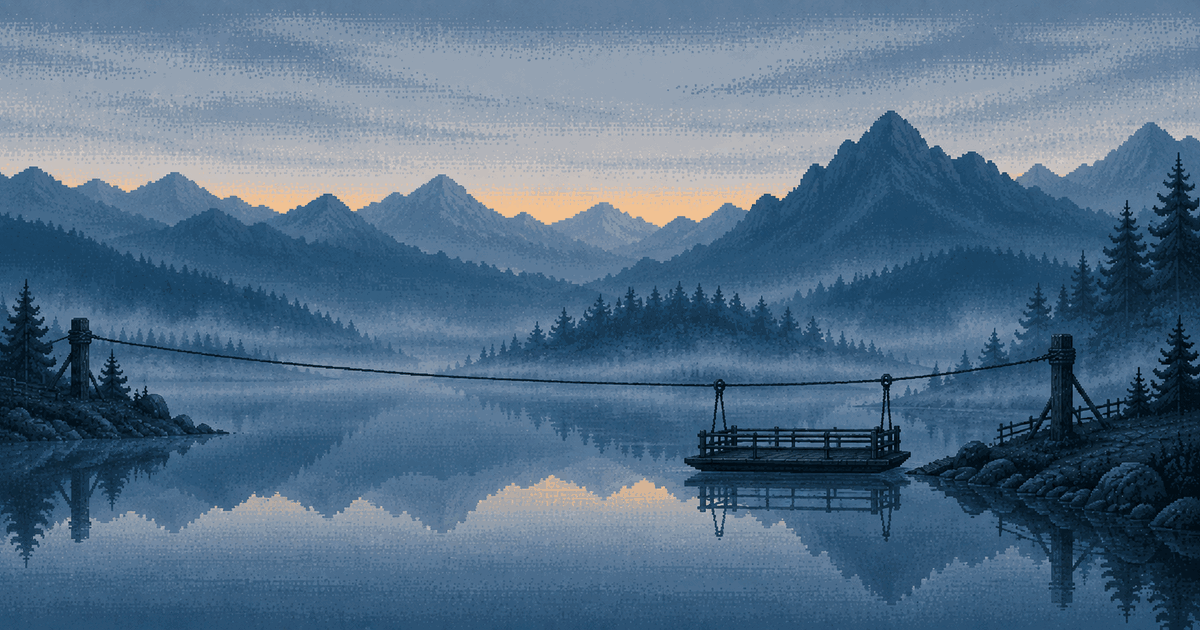 Pixel art of a flat wooden ferry hanging on a single rope stretched across a calm mountain lake at blue hour