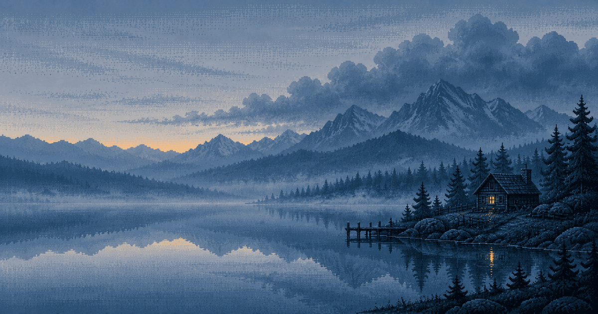 Pixel art of a small lakeside cabin with a lit window under clear sky while a heavy cloud bank covers the distant peaks