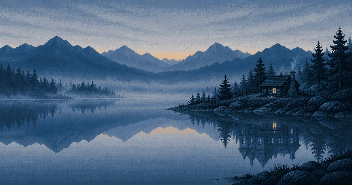 Pixel art of a small lakeside cabin with a lit window at blue hour, its reflection in the water showing a larger house