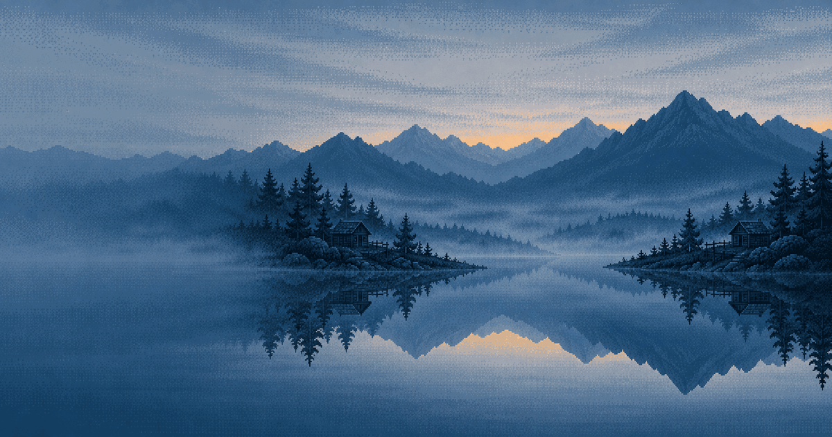 Pixel art of a still mountain lake at blue hour with small wooded islands mirrored perfectly in the water