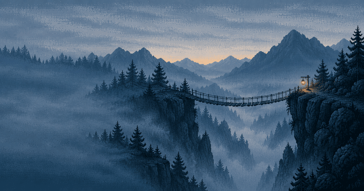 Pixel art of a narrow rope bridge spanning a deep misty gorge at blue hour, a single lantern glowing on the far cliff under a pale amber horizon