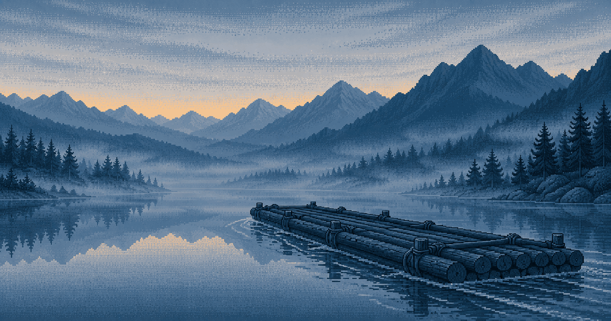 Pixel art of a long heavy raft of stacked logs floating down a wide calm river through a misty valley at blue hour