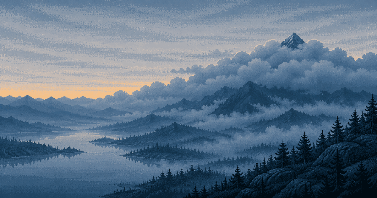 Pixel art of a mountain peak cloaked in a thick layer of cloud at blue hour, only its tip visible above it