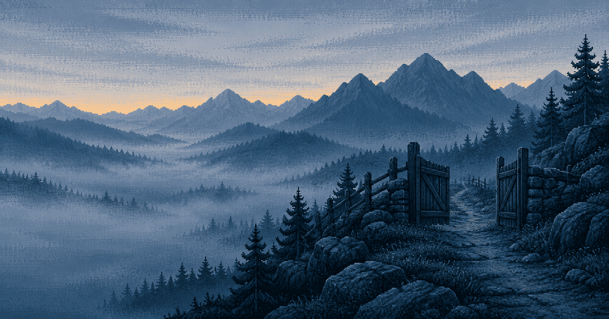 Pixel art of a wooden gate standing open across a narrow mountain trail at a misty pass at blue hour