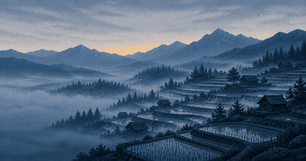 Pixel art of terraced fields divided into a grid of small plots on a misty valley slope at blue hour
