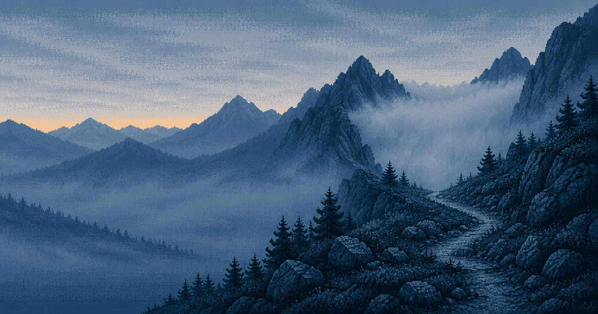 Pixel art of a rocky mountain trail at blue hour climbing toward a high pass that disappears into a thick bank of fog