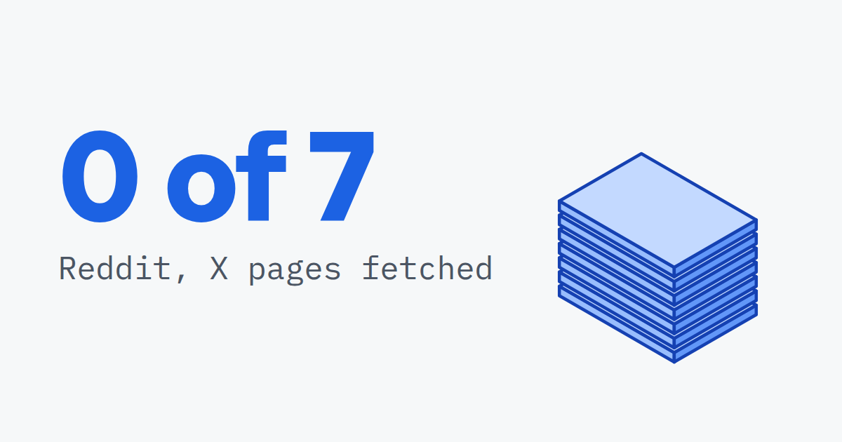 0 of 7, Reddit and X pages fetched, beside a stack of seven flat slabs