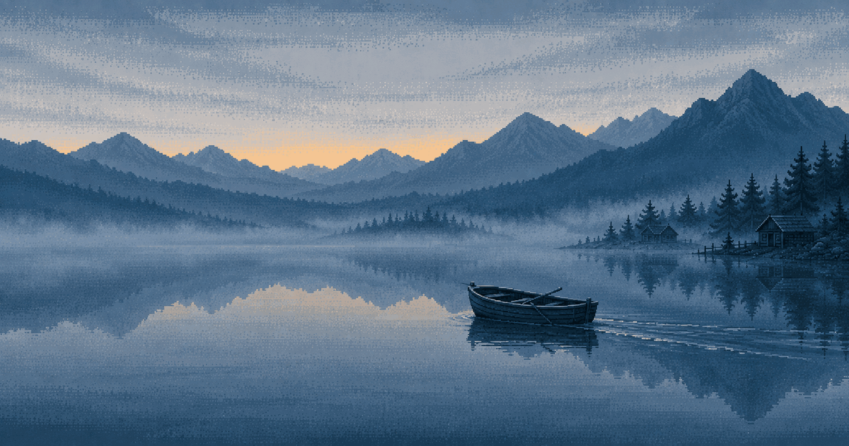 Pixel art of an empty rowing boat drifting across a still mountain lake at blue hour, leaving a single wake line