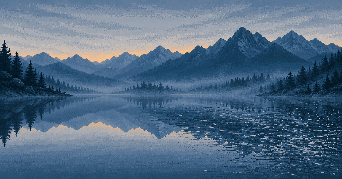 Pixel art of a misty mountain lake at blue hour, the ridge mirrored cleanly on the left while the reflection on the right breaks apart into scattered pixels