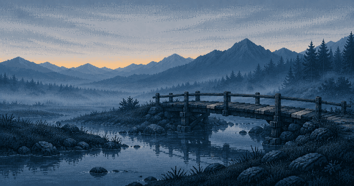 Pixel art of an old wooden footbridge over a stream at blue hour, new pale planks set between the weathered ones