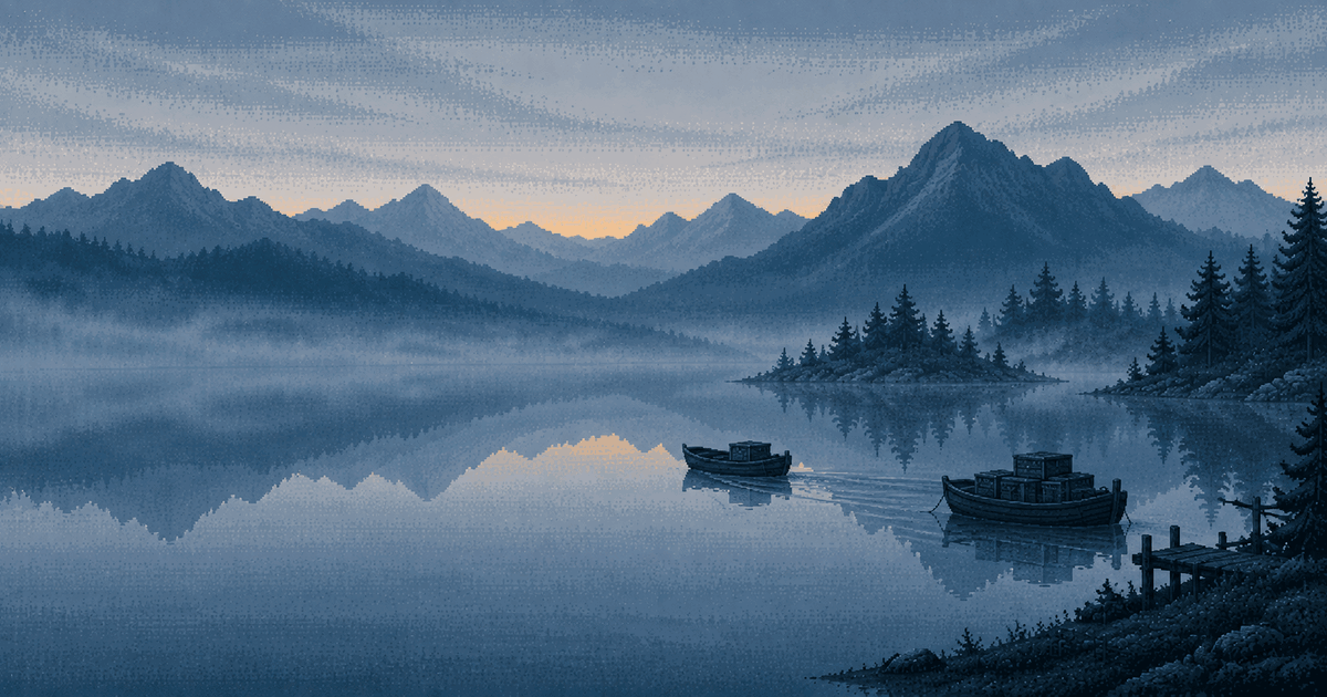 Pixel art of a still mountain lake at blue hour with two small wooden boats, one stacked with crates, the other carrying a single crate beside a jetty