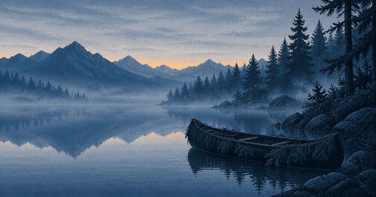 Pixel art of a canoe draped with branches drifting close to a forested shore on a misty lake at blue hour