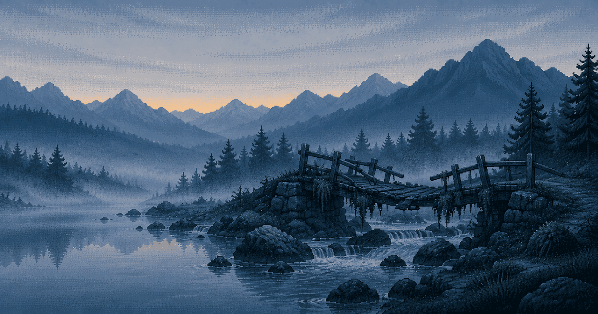 Pixel art of an old wooden footbridge with broken planks and hanging moss over a mountain stream at blue hour, mist in the valley behind