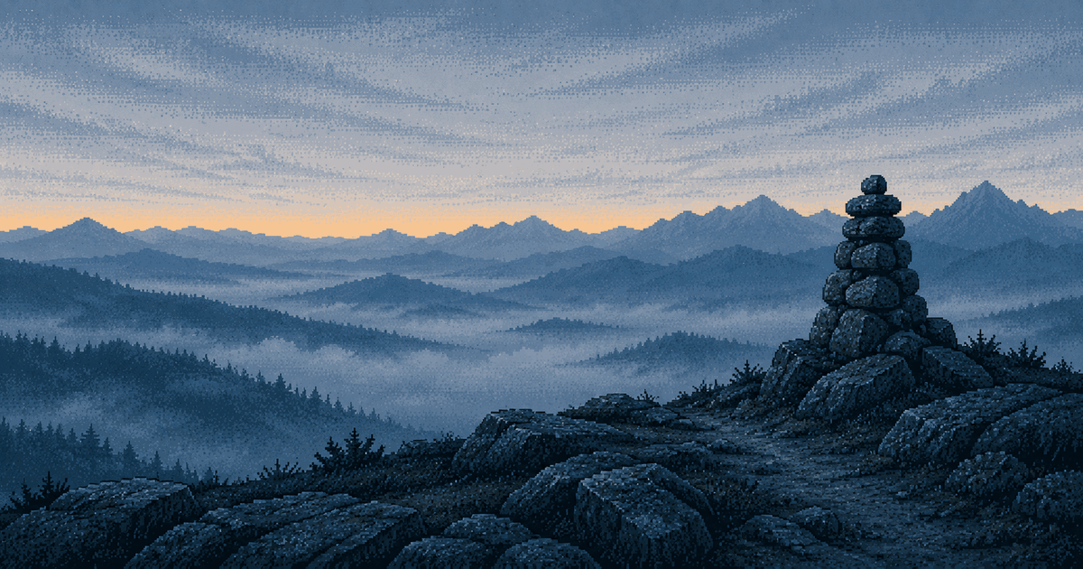 Pixel art of a tall stone cairn on a rocky plateau above misty valleys at blue hour, a pale amber glow on the horizon