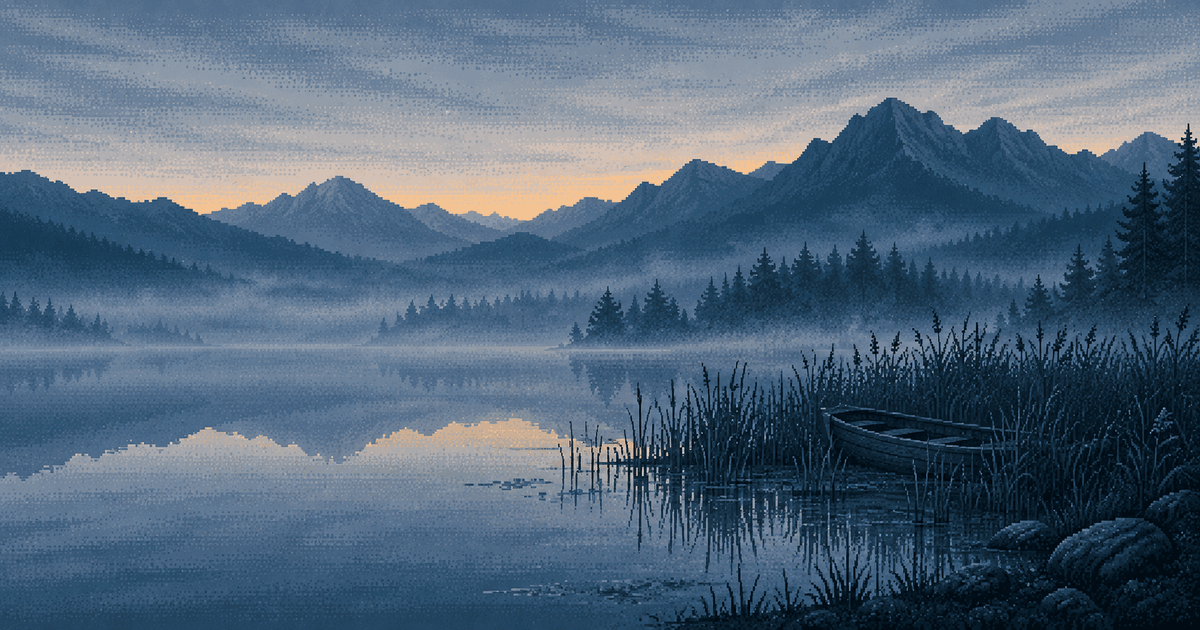 Pixel art of a small rowing boat hidden among tall reeds at the misty edge of a still mountain lake at blue hour