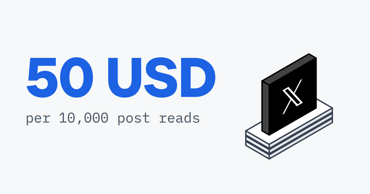 50 USD, per 10,000 post reads, beside a X logo tile on a stack of slabs